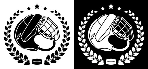 symbol, emblem of open hockey helmet and black rubber puck in laurel wreath for ice hockey competition. Hockey sports equipment. Active lifestyle. Vector © RNko