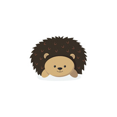 Cute hedgehog in a flat style. A beautiful cartoon hedgehog lies on the belly isolated on a white background. May be for banners, stickers and postcards. Vector illustration.