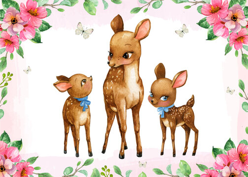 Mother And Baby Deer Illustration, Watercolor Fawn Deer, Woodland, Forest Animal, Spring Pink Flowers Border And Wreath, Mother And Two Sons.Nursery Art, Mother Day Postcard, Baby Shower Invite