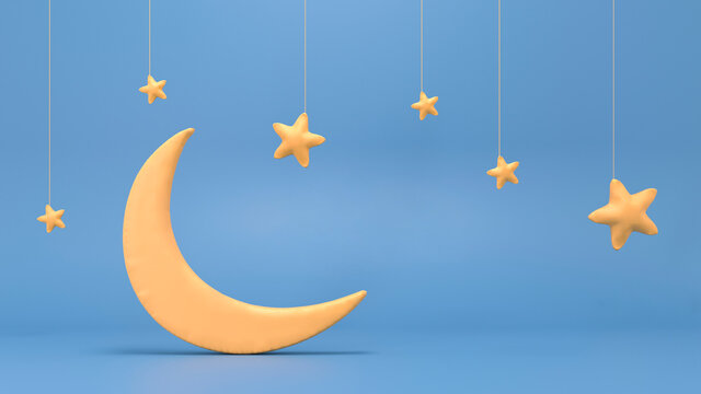 Crescent moon with stars - badtime card. Sweet dream plasticine background. Cute illustration in pastel colors. Minimal 3d art style. Empty space for advertising baby products 