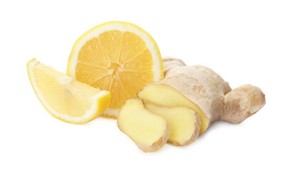 Fresh lemon and ginger on white background