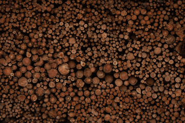 Background of cut wood logs stacked in a pile. wood for the production of chipboard