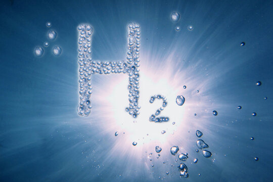 Blue Hydrogen H2 Letters With Air Bubbles In A Blue Water