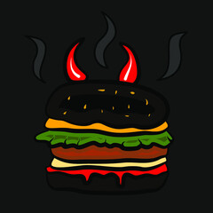 Black burger with chili horns.Hamburger hand drawn vector illustration and lettering. Fast food cartoon style. Design for banner, poster, card, print, menu.