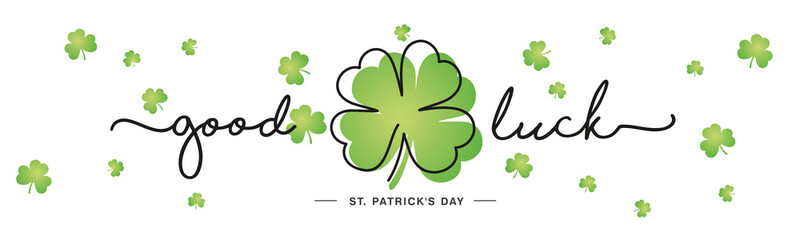 Fototapeta Good Luck St Patrick's Day handwritten typography lettering line design four leaf clover and many small clovers on isolated white background banner obraz