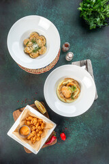 Dumplings, shrimps, hummus, menu to choose from