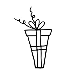 Interesting gift box with ribbon and bow. Drawn with outline in doodle style. For various holidays. Vector illustration.
