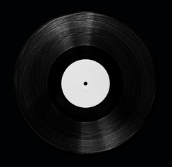 Black Vinyl Record Music Disc with White Label Sticker Isolated On Black 