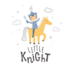 little knight riding his horse and text
