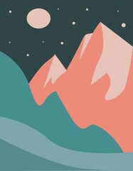 Abstract landscape poster. Modern boho background with mountains moon and stars, minimalist wall decor. Printing vector graphics.
