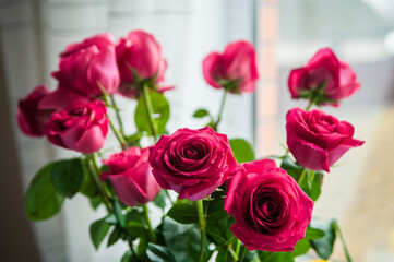 Beautiful flower bouquet of pink rose. Big bouquet of roses in vase on table near the window.