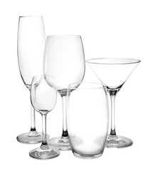 Group of different glassware isolated on white