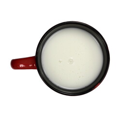 cup of fresh milk isolated on white background. Top view.
