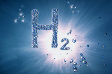 blue hydrogen h2 letters with lot of little bubbles in a blue water