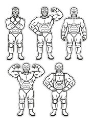 Lucha Libre Characters. Mexican Wrestler Fighters in Mask. Vector Coloring Page.