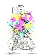 happy holi background with traditional Indian couple vector illustration 