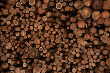 Background of cut wood logs stacked in a pile. wood for the production of chipboard