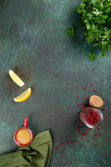 Background for design with lemon, herbs and pepper