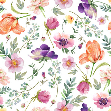 seamless pattern with spring watercolor multicolored flowers, hand painted