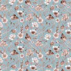 seamless pattern with spring watercolor flowers, hand painted monochrome color