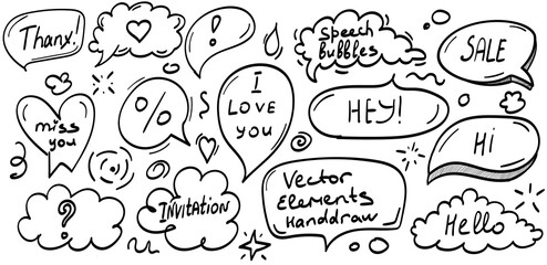 set hand drawn thought and talk speech speech bubbles with love message, greetings and sale announcement. Doodle style comic balloon, cloud, heart-shape design elements. Isolated vector illustration.