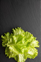 lettuce leaf on black stone background, top view, place for text