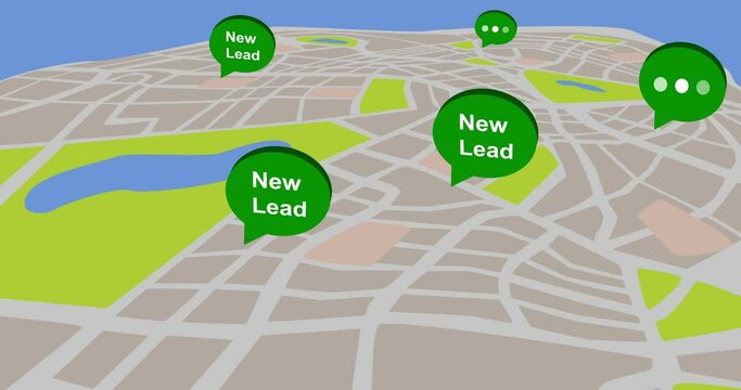 3D map animation for real estate agency with green message bubble and new listing text. 4k map background.