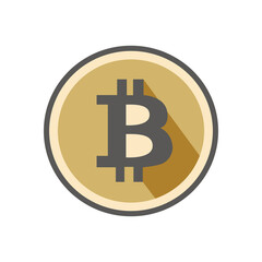 Golden coin with bitcoin symbol isolated on white background. Flat vector logo.