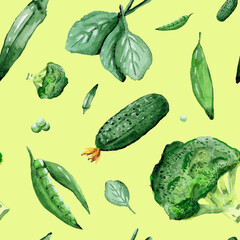 Watercolor seamless pattern with green vegetables and spinach