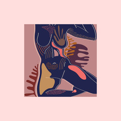 Vector illustration with an outline of a female body. Abstract composition with geometric and floral elements. Postcard to International Women's Day.
