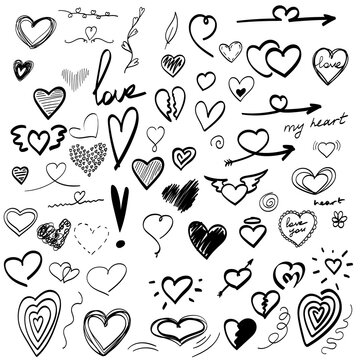 large set of hand-drawn heart drawings, valentine. doodle vector illustration