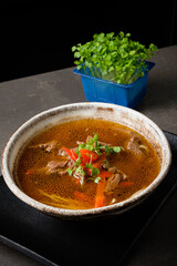 soup with beef and microgreens