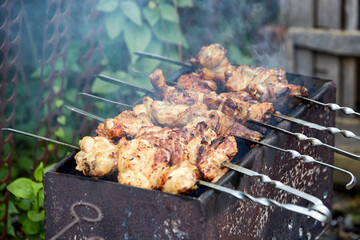 Kebabs in nature, on an old homemade grill, with a shallow depth of field