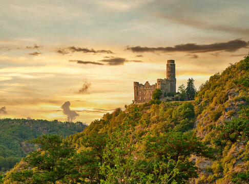 Maus Castle at sunset, Rhine Valley, Germany