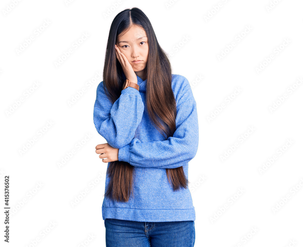 Sticker young beautiful chinese woman wearing casual turtleneck sweater thinking looking tired and bored wit