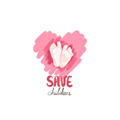 Hand drawn cute logo heart and baby feet for baby design. Vector