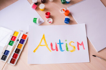 Creative design for april 2, autism world awareness day.  Painting word autism with paints