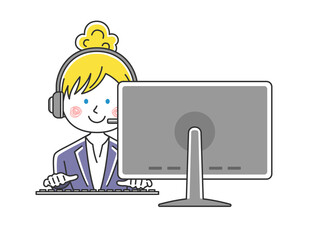 カスタマーセンターで働く白人女性オペレーターのイラスト