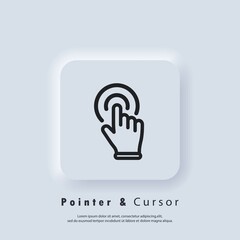 Clicking finger icon, cursor. Hand pointer, clicking icon. Vector EPS 10. Neumorphic UI UX white user interface web button. Neumorphism