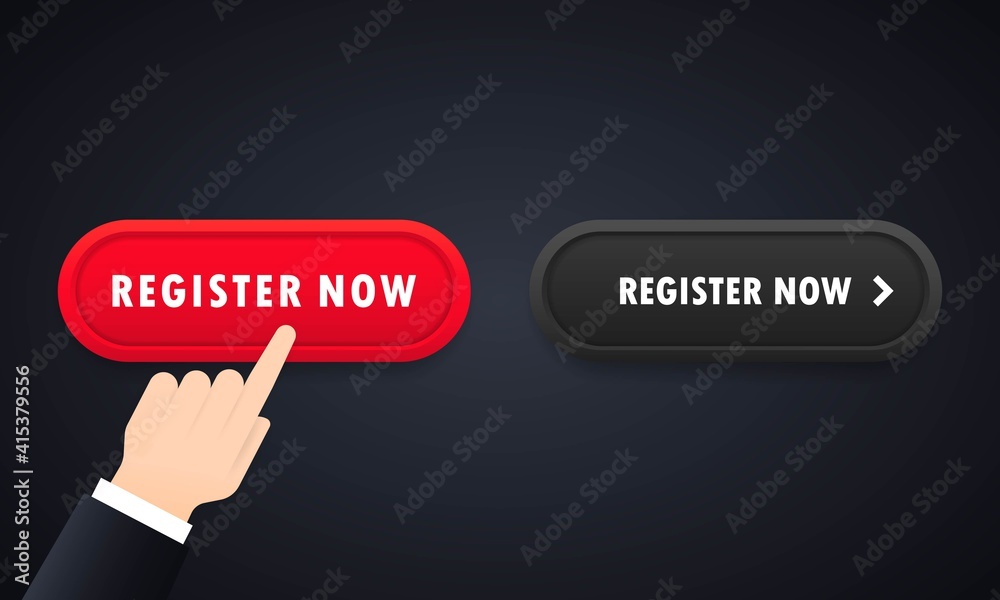 Poster hand push the button register now. register now button icon set. for website. registration. vector o