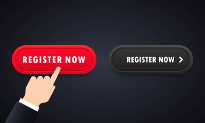 Hand push the button register now. Register now button icon set. For website. Registration. Vector on isolated background. EPS 10