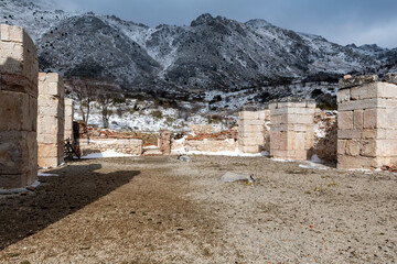 Fototapeta na wymiar Welcome to Sagalassos. Isparta, Turkey.To visit the sprawling ruins of Sagalassos, high amid the jagged peaks of Akdag, is to approach myth: the ancient ruined city set in stark.