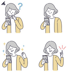 スマホ　シニア女性　シンプルイラスト