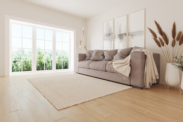 Bright room with a modern minimalist design. 3D illustration. Render