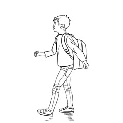 Sketch of a schoolboy with a backpack on his back cheerfully going to school.  Безымянный-1