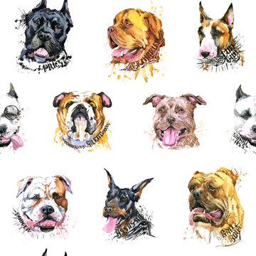 seamless pattern with Dogs. watercolor illustration of a different dog breeds Isolated on white.