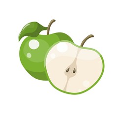 Bright vector set of colorful half and whole of juicy apple. Fresh cartoon apples on white background.