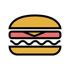 Delicious juicy burger with meat cutlet, cheese and salad. Simple colored food icon in trendy line style isolated on white background for web apps and mobile concept