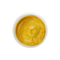 Open Plastic Jar Of Mustard Isolated On White. Mustard sauce isolated on white. Hamburger mustard mayonnaise sauce isolated on white. Hot dog mustard sauce.