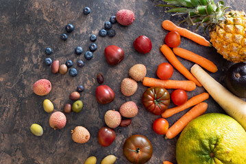 fresh fruits and vegetables on the stone table. zero waste concept